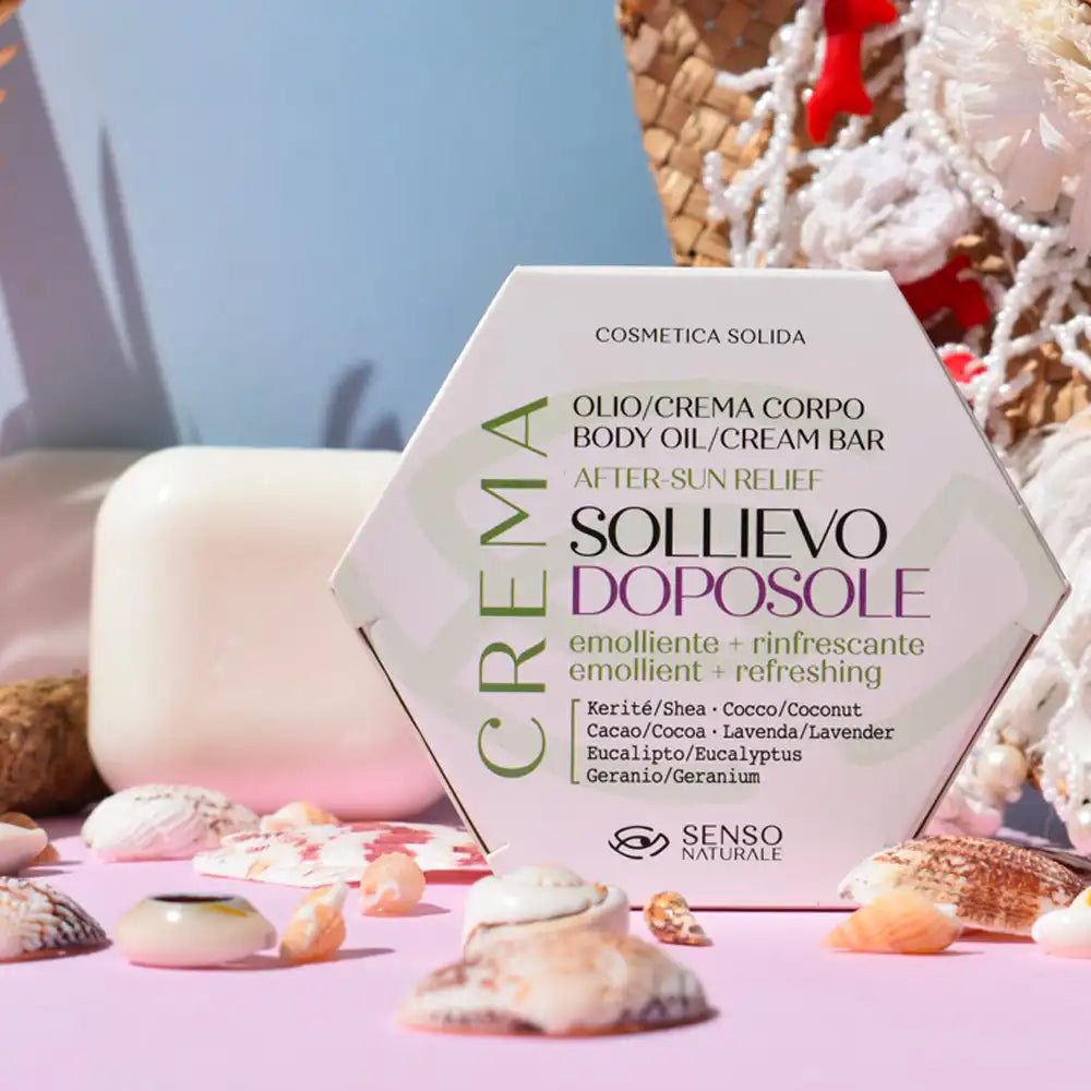 Crema solida doposole naturale lenitiva e idratante per pelle arrossata.