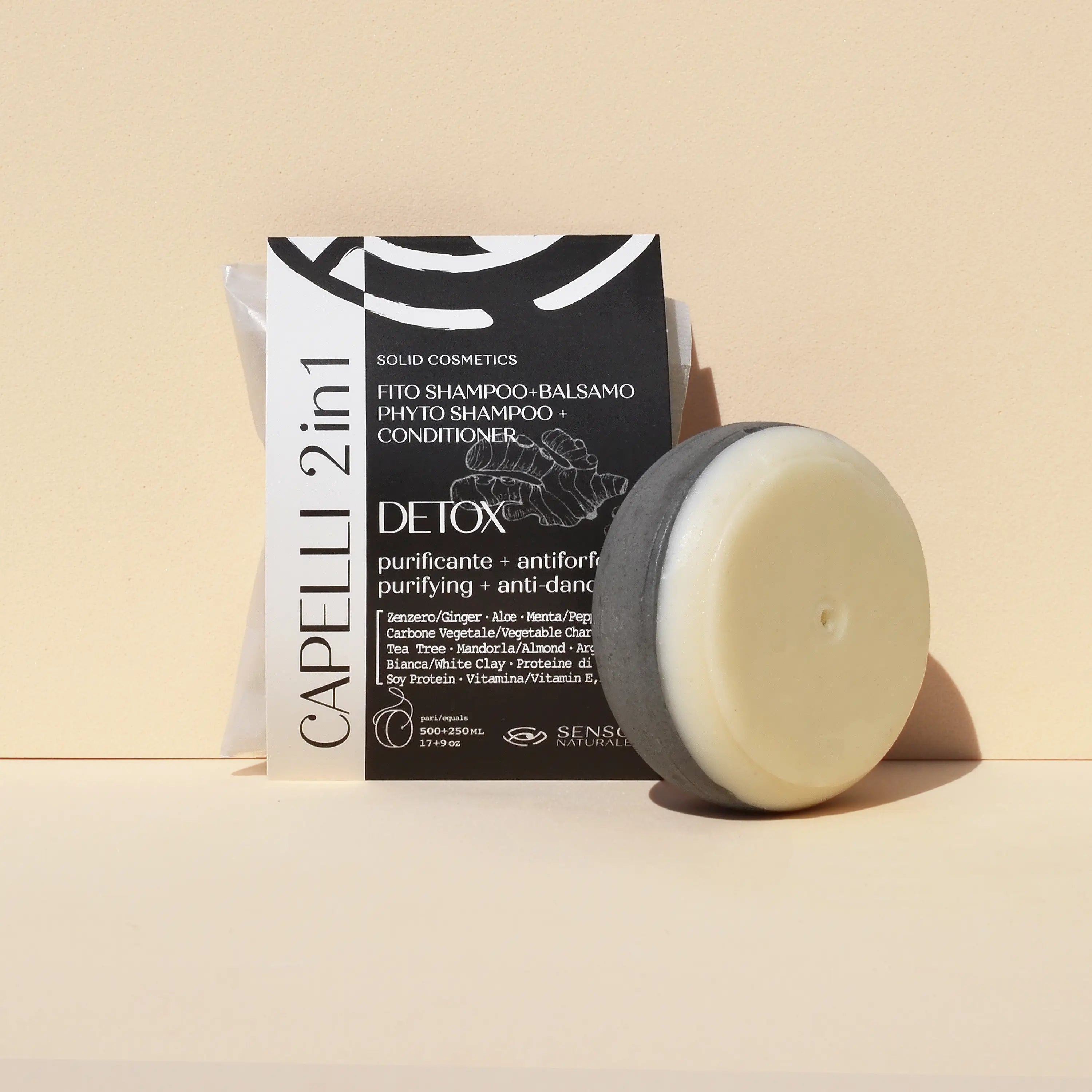 Fito Shampoo e Balsamo Solido Detox 2‑in‑1 – Detergente Sebo‑Regolatore per Capelli e Cute Grassa, con Carbone Attivo, Zenzero, Aloe, Tea Tree e Menta – Detox, Freschezza e Antiforfora