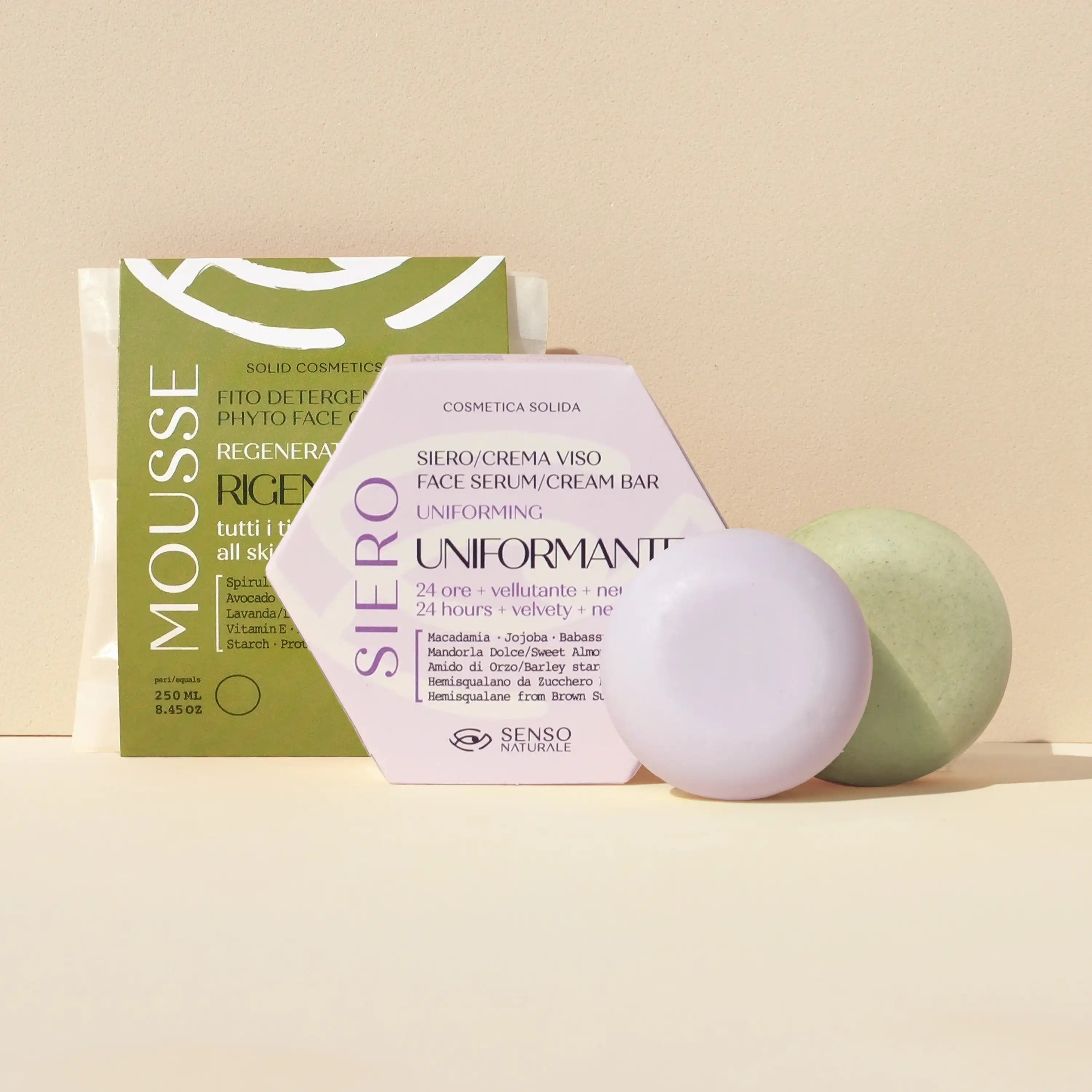 Kit Pelle Perfetta viso con mousse detergente rigenerante e siero crema uniformante naturale Senso Naturale