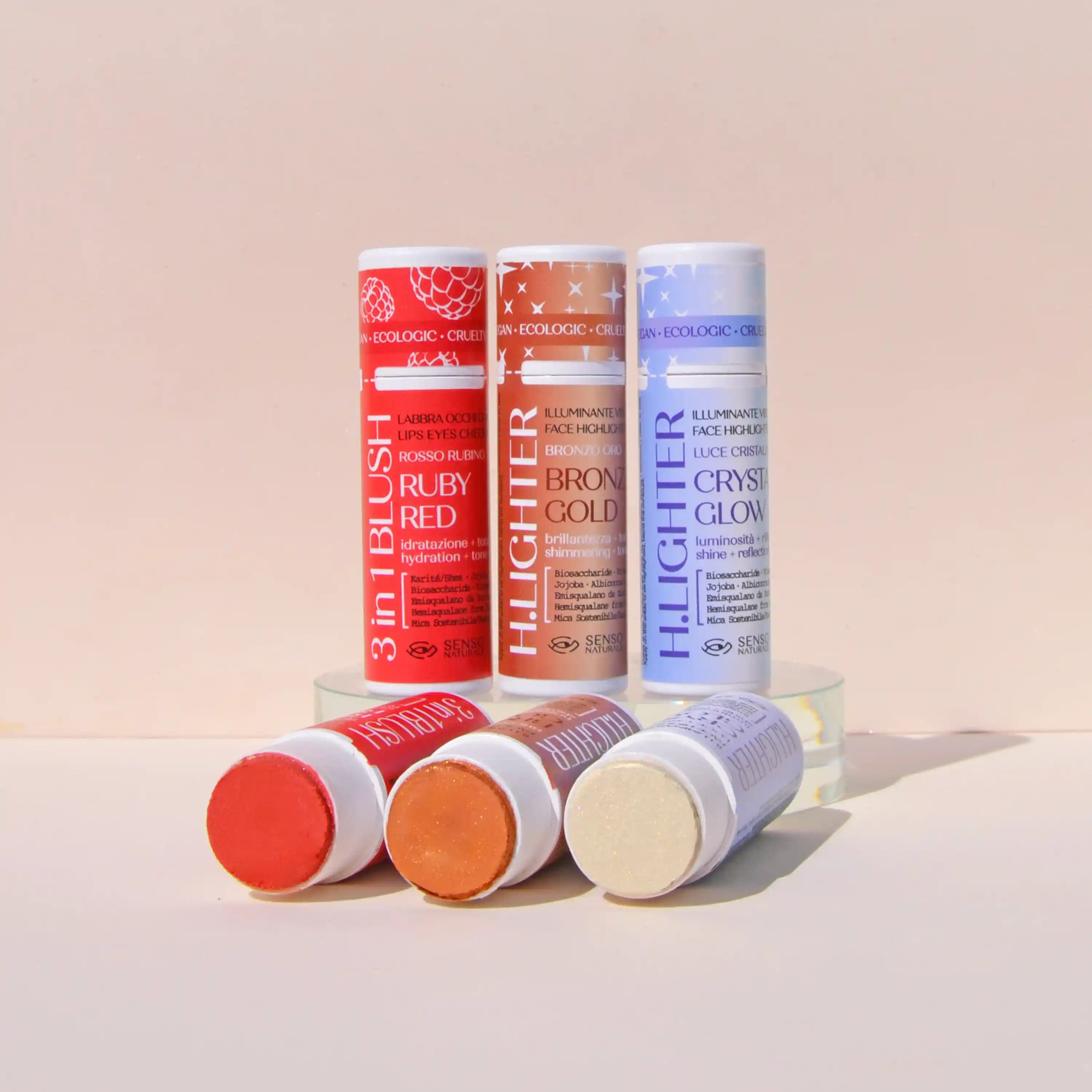 Illuminating & Blush Stick Set – Crystal Glow, Bronze Gold & Ruby Red