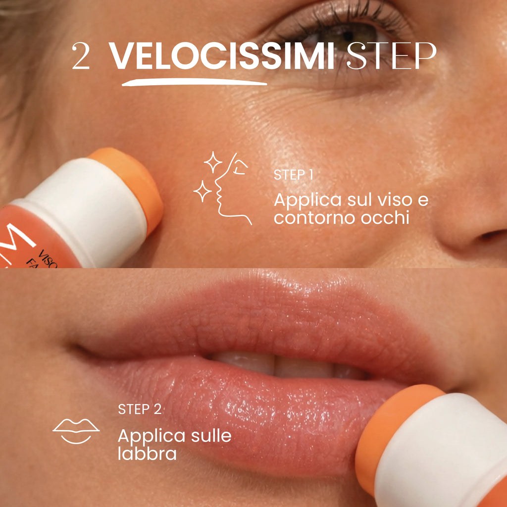 Infografica che mostra l'applicazione in due step di un balsamo stick multiuso: Step 1 applicazione su viso e contorno occhi; Step 2 applicazione sulle labbra. Primo piano della texture luminosa sulla pelle e sulle labbra.