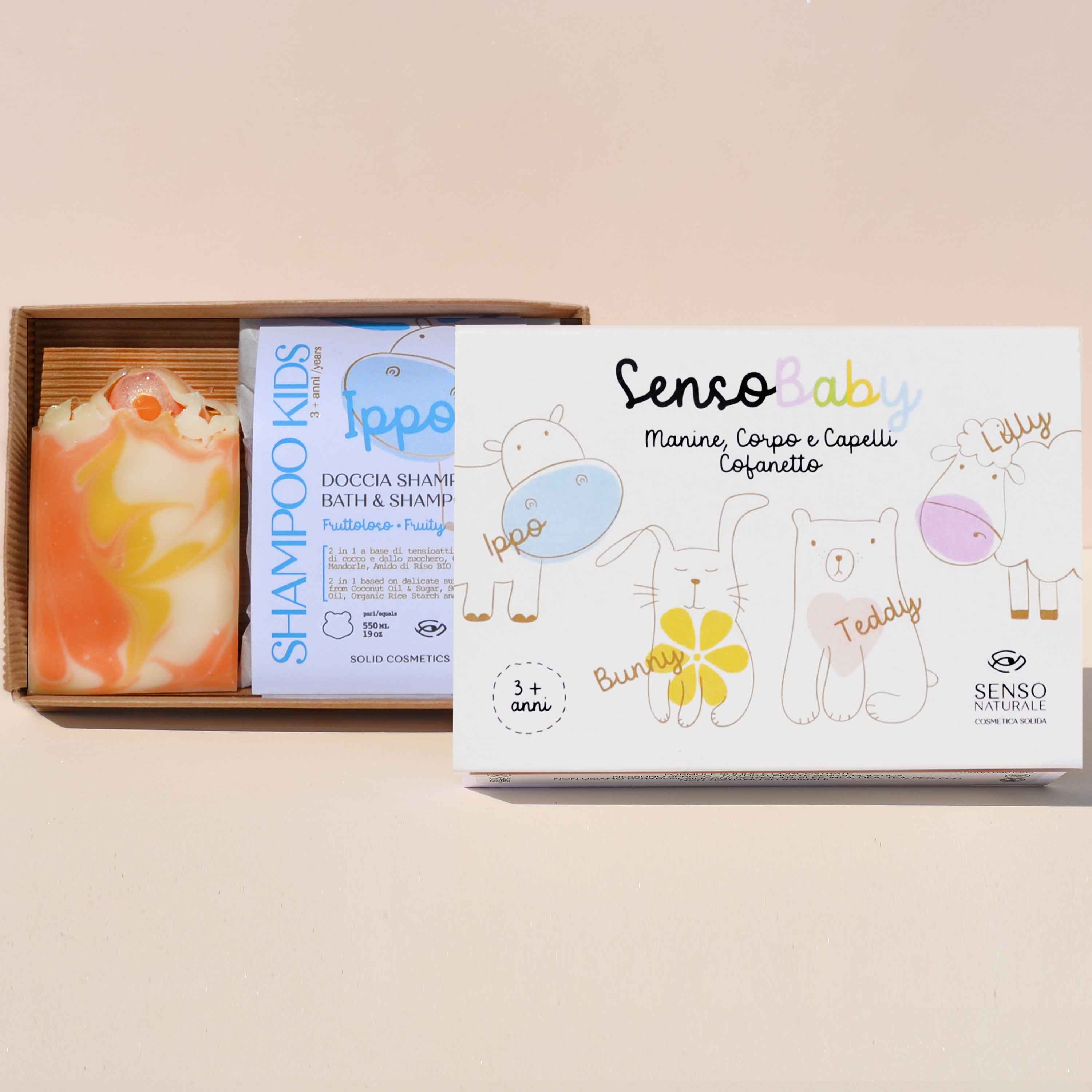Set de regalo infantil SENSOBABY IPPO: champú, gel de ducha y jabón de naranja