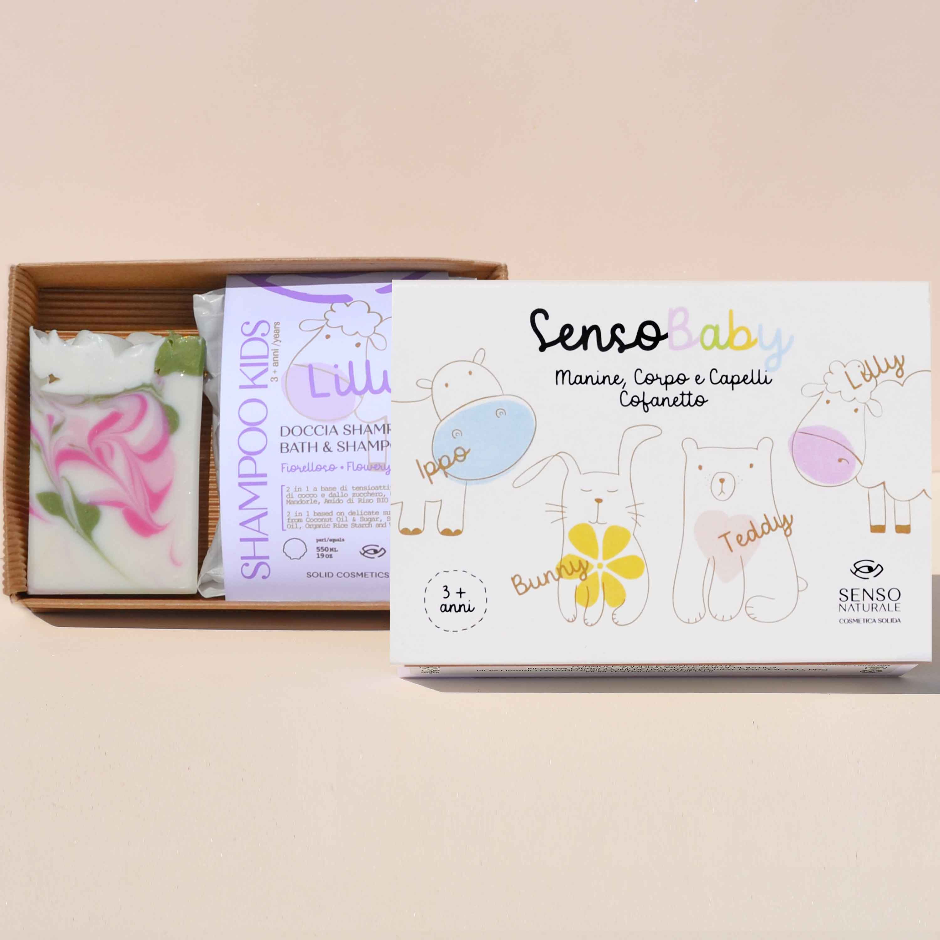 Set de regalo infantil SENSOBABY LILLY: champú, gel de ducha y jabón rosa