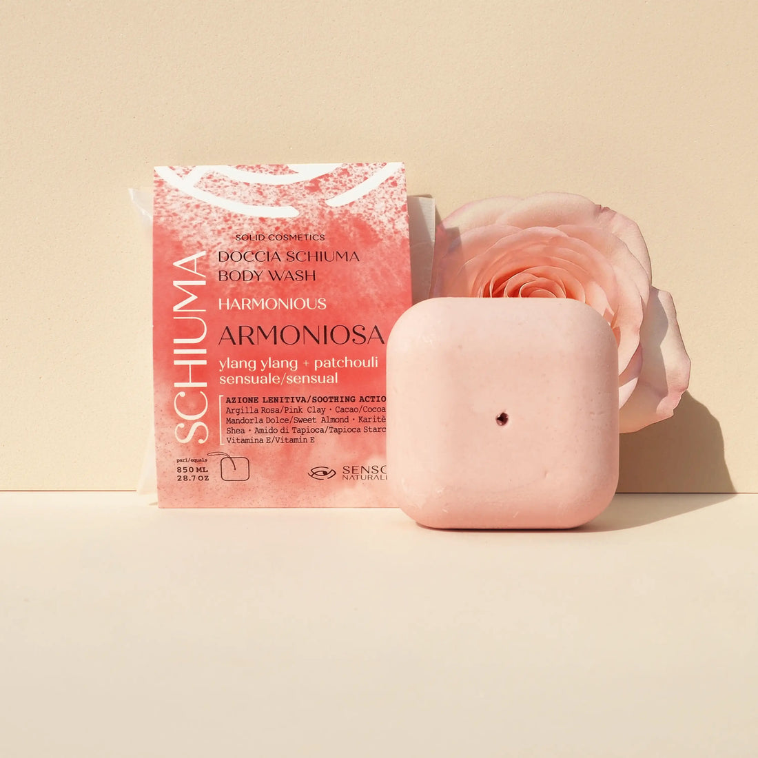Fito Schiuma Solida Argillosa Armoniosa – Doccia Schiuma Solida con Argilla Rosa, Amido di Tapioca, Burro di Cacao, Oli Essenziali di Ylang Ylang e Patchouli – Lenitiva, Rivitalizzante e Ideale anche per Rasatura