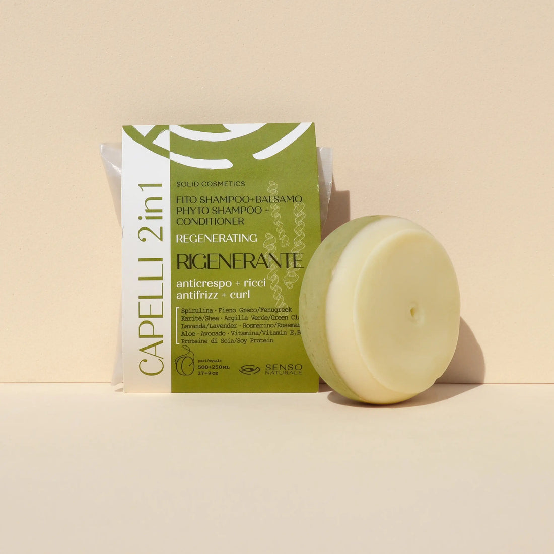 Fito Shampoo e Balsamo Solido Rigenerante 2‑in‑1 per Capelli Ricci Anticrespo – Formula naturale con Spirulina, Fieno Greco, Aloe Vera, Olio di Avocado, Lavanda e Rosmarino – Capelli idratati, definiti, senza crespo