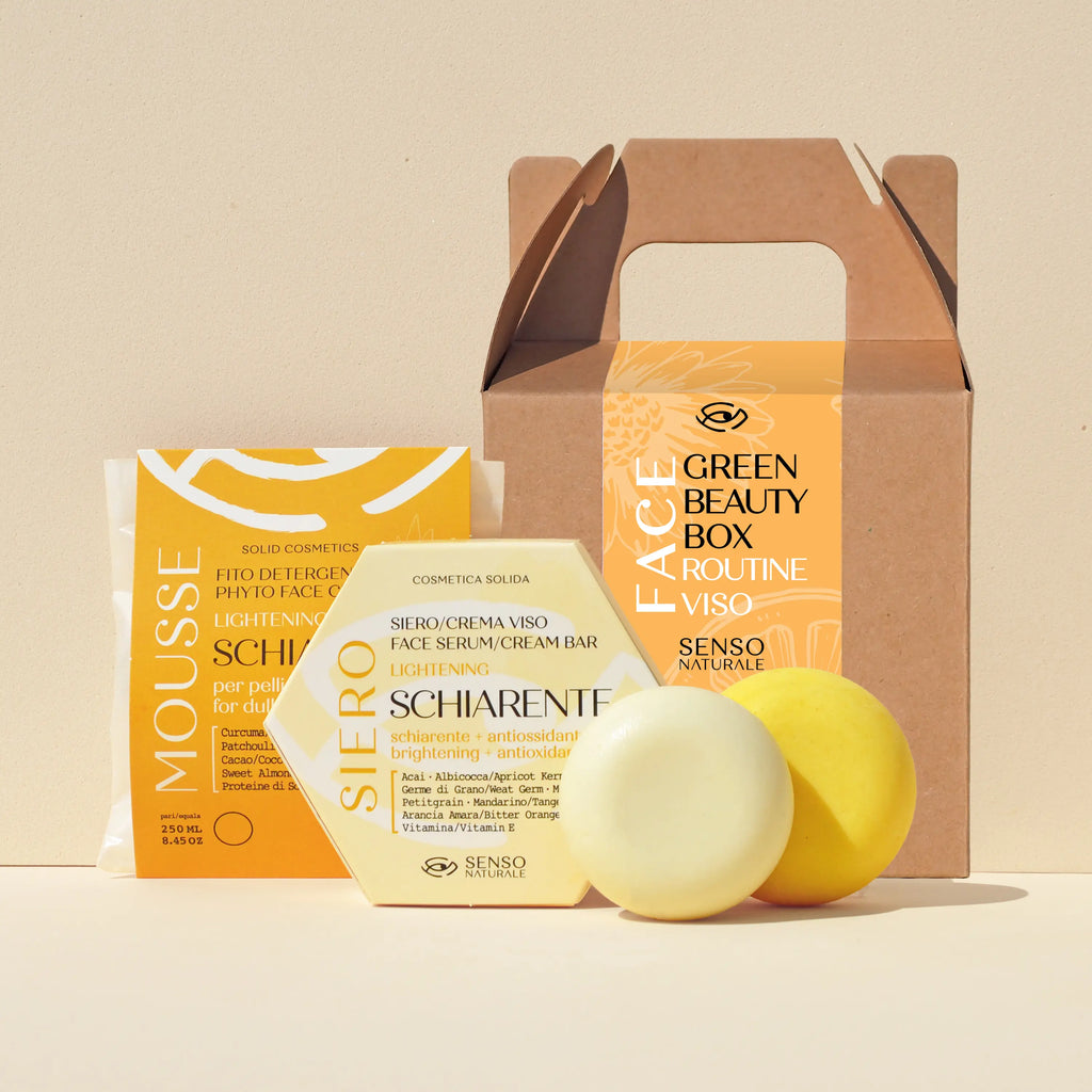 Kit viso schiarente Green Beauty Routine Senso Naturale per pelle spenta o rosacea con cosmetici solidi naturali, confezione regalo ecologica in stile green box, ideale come dono di bellezza sostenibile.