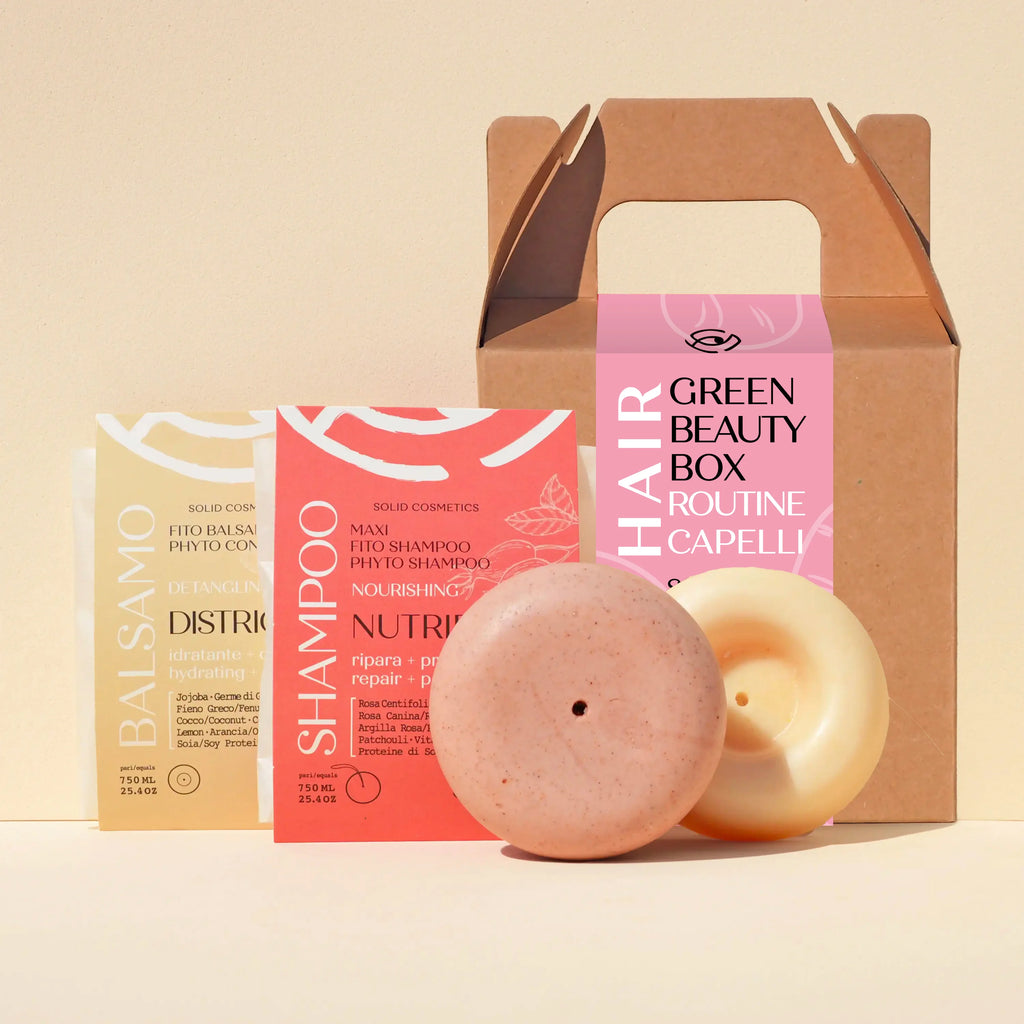 Kit capelli nutriente Green Beauty Routine Senso Naturale – Green Box con shampoo e balsamo solidi nutrienti e idratanti, ideale per capelli secchi o danneggiati, confezione regalo ecologica.
