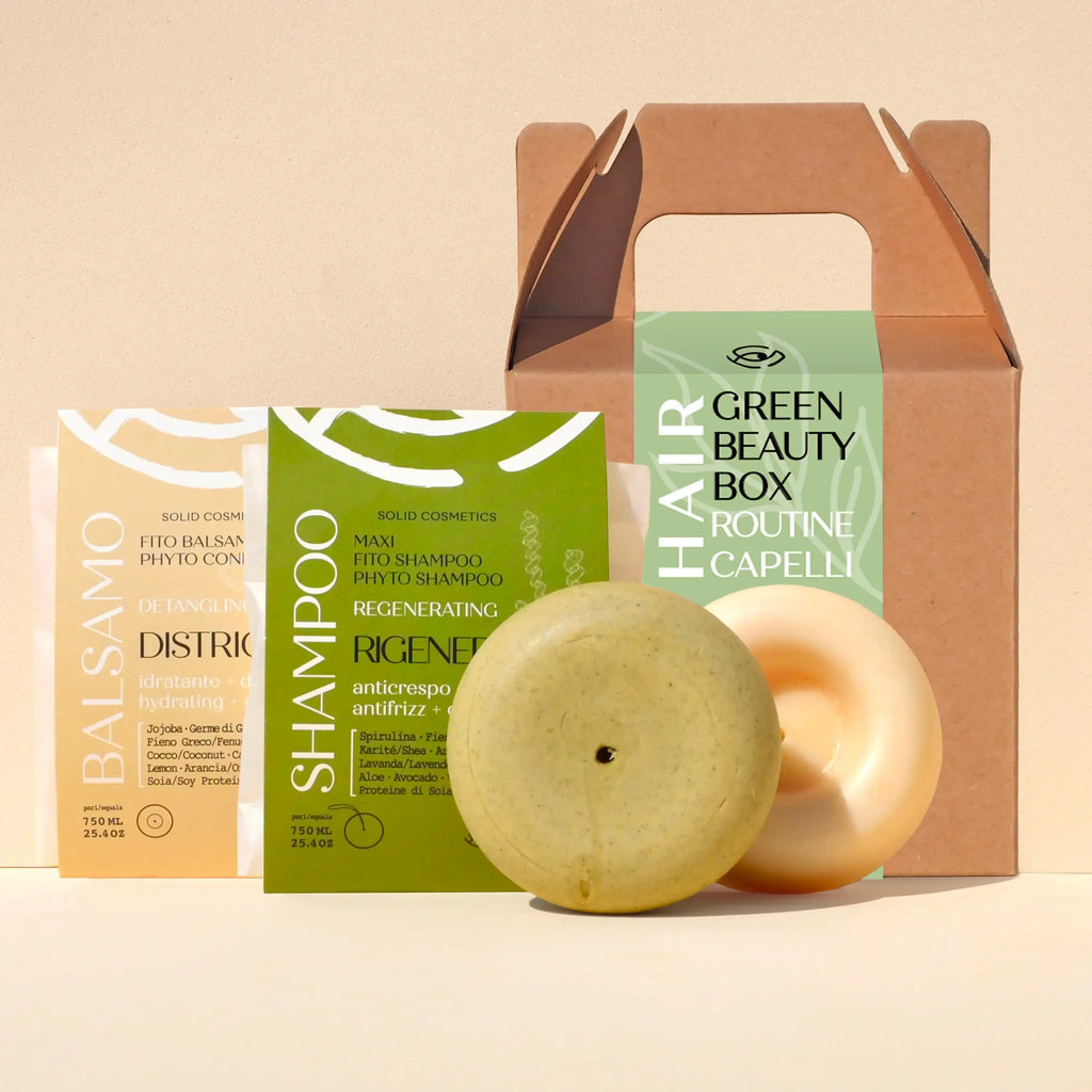 Kit capelli ricci Beauty Routine Senso Naturale – Green Box con shampoo e balsamo solidi per definire e nutrire i ricci, confezione regalo ecologica.