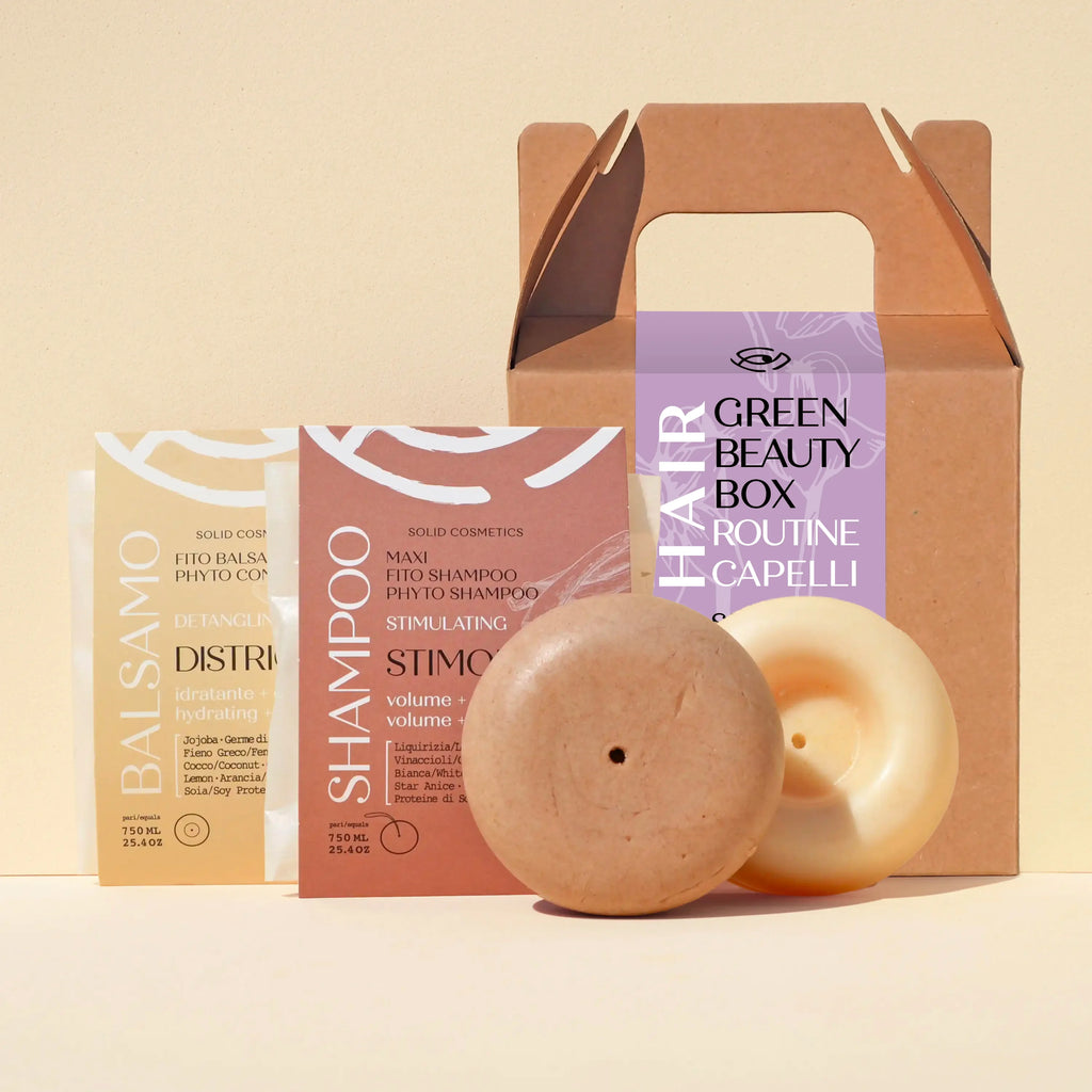Kit capelli stimolante Green Beauty Routine Senso Naturale – Green Box con shampoo e balsamo solidi rinforzanti, ideali per stimolare la crescita e rivitalizzare il cuoio capelluto, confezione regalo ecologica.