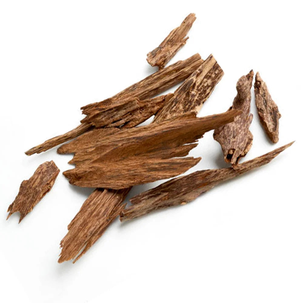 Tronchetti di legno di Oud con resina scura e aroma intenso, usato in cosmetica e aromaterapia