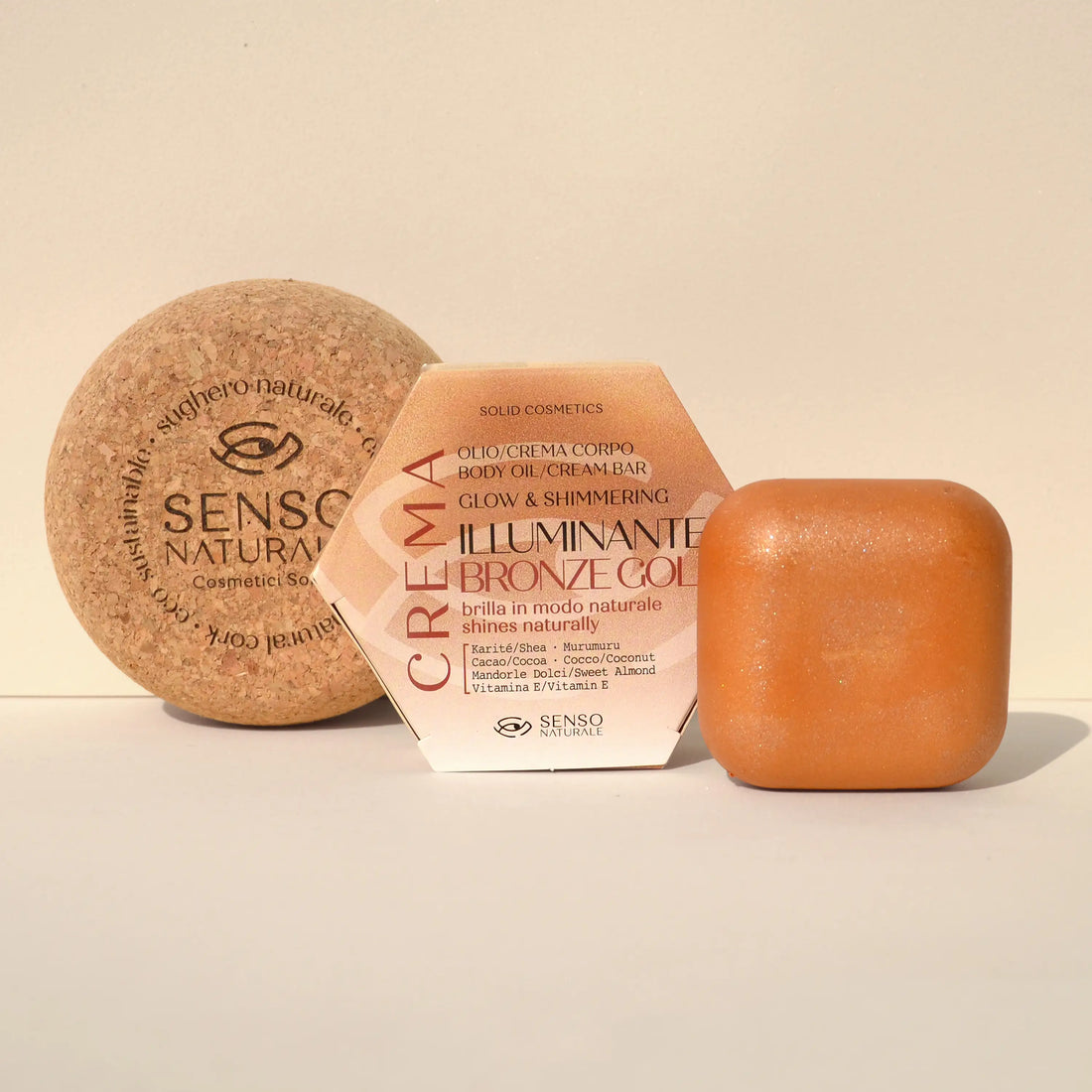 Pack Bronze Gold shimmer con contenitore naturale: olio crema solido illuminante e idratante con riflessi bronzo e platino, profumo al neroli.