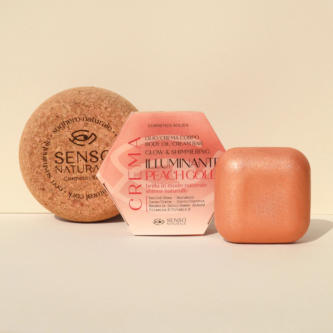 Pack Peach Gold shimmer con contenitore naturale: olio crema solido idratante e illuminante con riflessi pesca e oro.