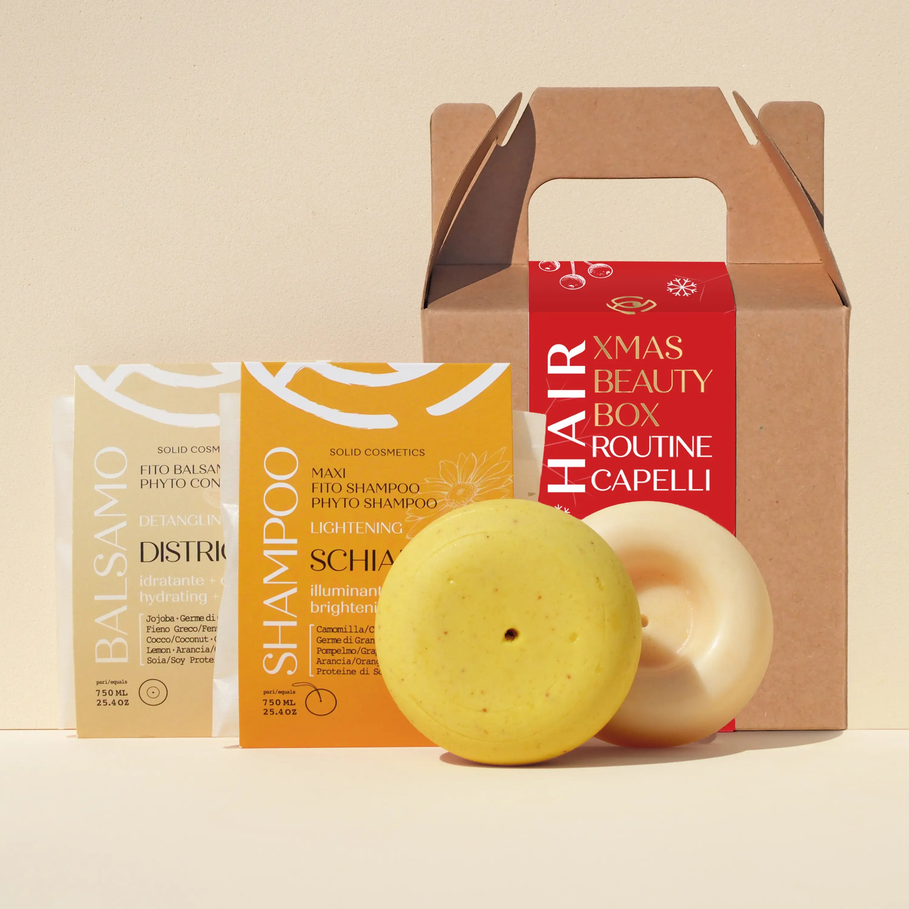 Kit capelli schiarente natalizio Senso Naturale – Xmas Box con shampoo e balsamo solidi illuminanti e ravvivanti per capelli chiari, confezione regalo ecologica e sostenibile.