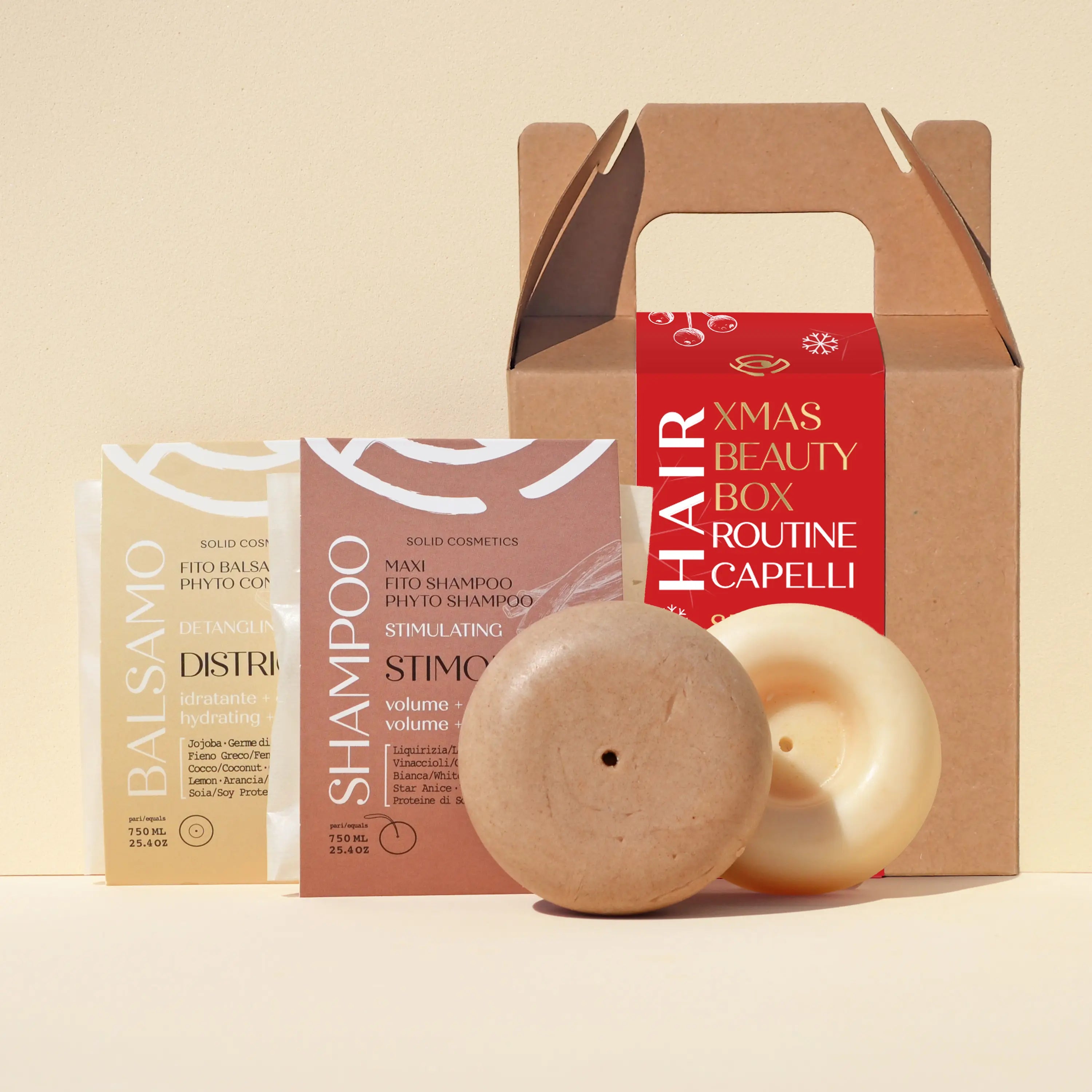 Kit capelli stimolante natalizio Senso Naturale – Xmas Box con shampoo e balsamo solidi rinforzanti, ideali per stimolare la crescita e rivitalizzare il cuoio capelluto, confezione regalo ecologica.