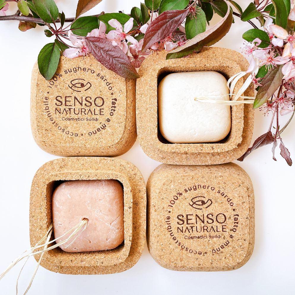 SQUARE Sardinian cork container holds for SHOWER GEL and solid BODY OIL