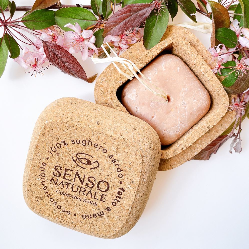 SQUARE Sardinian cork container holds for SHOWER GEL and solid BODY OIL